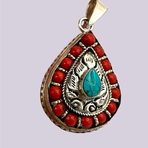 Blue Turqoise Coral Tibetan Nepalese Hanmade Vintage water drop  Pendant only